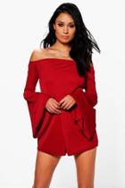 Boohoo Ruth Off The Shoulder Flare Sleeve Playsuit Berry