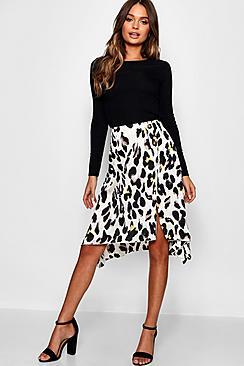 Boohoo Satin Leopard Print Button Split Midi Skirt