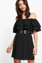 Boohoo Timi Double Frill Off Shoulder Shift Dress Black