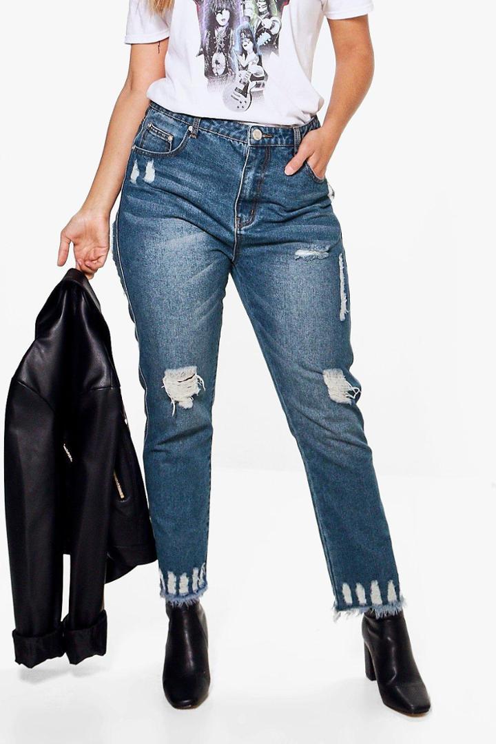 Boohoo Plus Jessica Fray Hem Distressed Mom Jean Blue