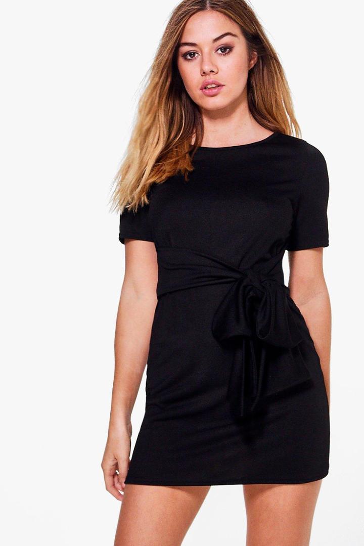 Boohoo Petite Faye Tie Waist Shift Dress Black