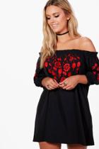 Boohoo Plus Emily Embroidered Off The Shoulder Dress Black