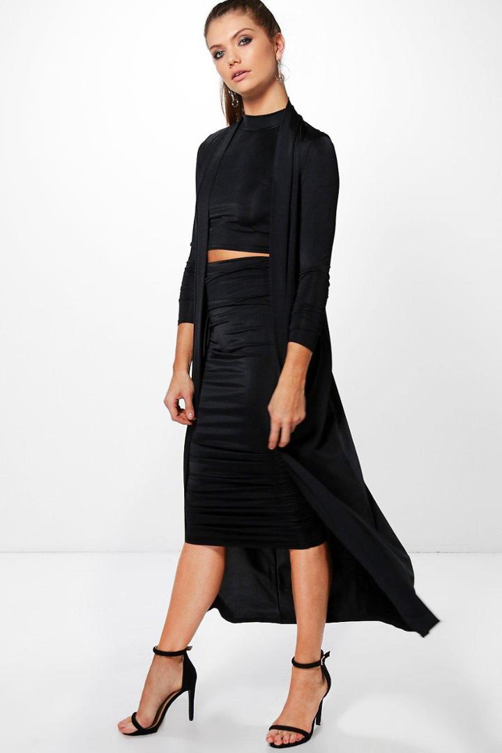 Boohoo Poppy 3 Peice Duster Skirt & Crop Co-ord Set Black