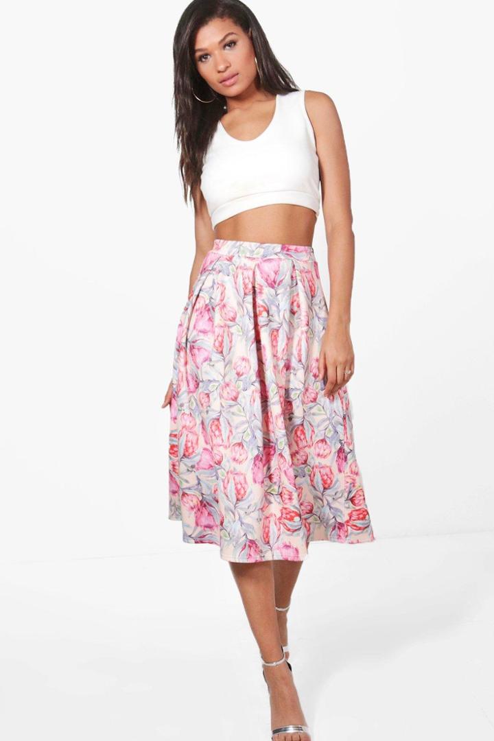 Boohoo Gia Tonal Summer Floral Box Pleat Skater Skirt Rose