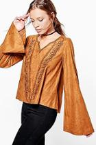 Boohoo Esme Embroidered Suedette Flared Sleeve Top
