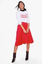 Boohoo Louiza Deep Waistband Scalloped Hem Full Midi Skirt Red