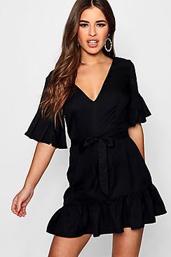 Boohoo Petite Emma Volume Sleeve Tie Waist Wrap Dress