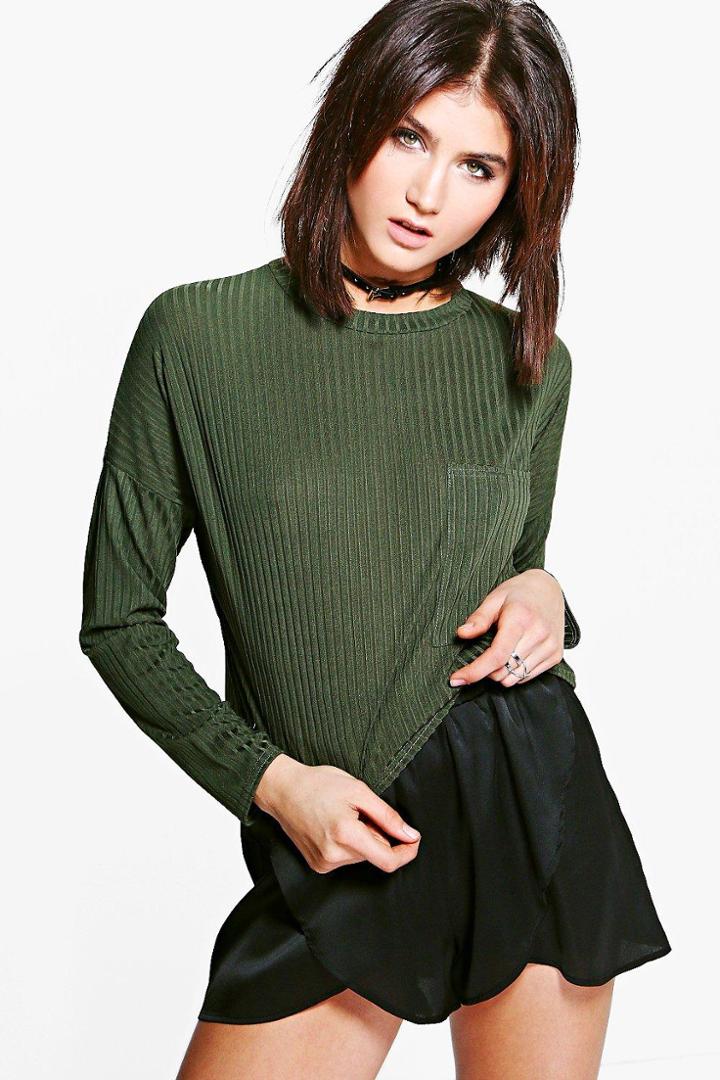 Boohoo Elena Pocket Detail Ribbed T-shirt Khaki