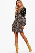Boohoo Izzy Ladder Trim Mixed Print Skater Dress