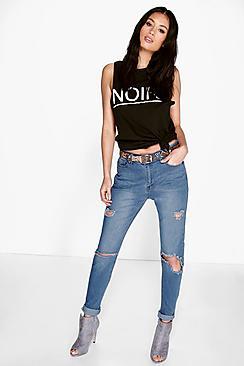 Boohoo Jenni High Rise  Busted Knee & Thigh Skinny Jeans