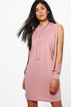 Boohoo Carmen Cold Shoulder Fine Knit Hoody Dress