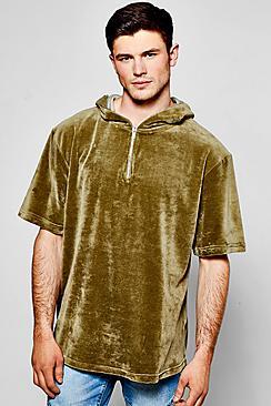 Boohoo Zip Hood Detail Velour Curved Hem Hoodie