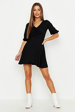 Boohoo Petite Gathered Tie Front Volume Sleeve Skater Dress