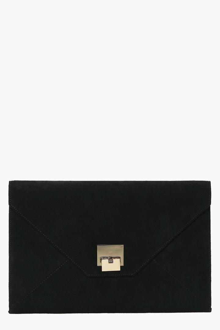 Boohoo Zoe Suedette Metal Detail Envelope Clutch Bag Black