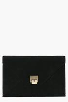 Boohoo Zoe Suedette Metal Detail Envelope Clutch Bag Black
