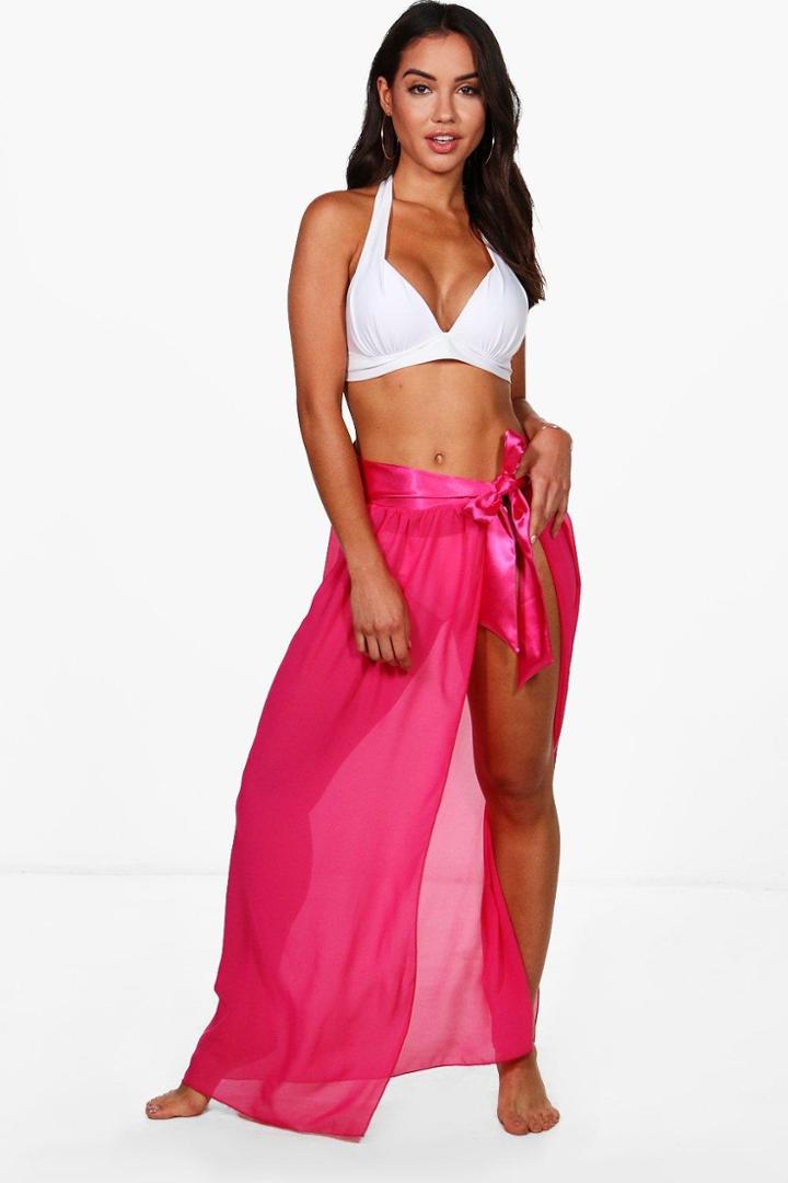 Boohoo Lois Satin Tie Beach Sarong Cerise