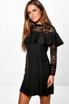 Boohoo Petite Katie Lace Yoke Frill Detail Shift Dress Black