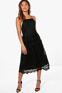 Boohoo Lace Strappy Back Midi Skater Dress