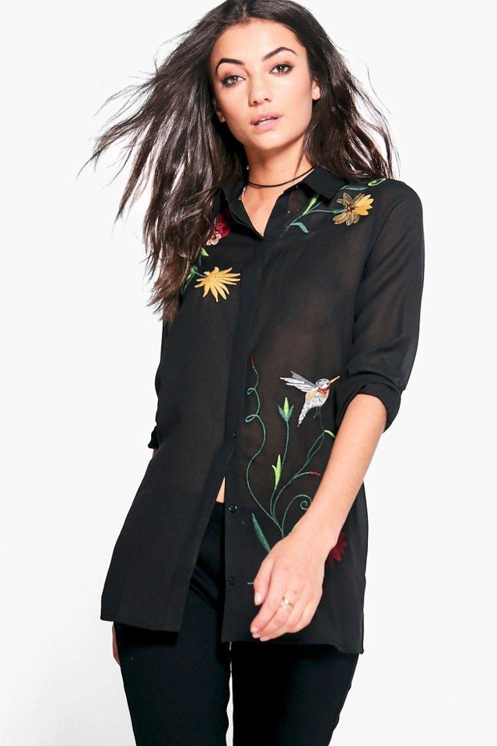 Boohoo Tall Thea Embroidered Shirt Black