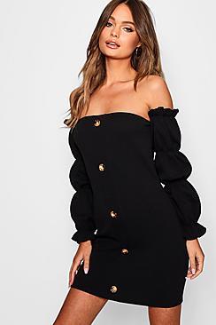 Boohoo Bardot Sleeve Detail Horn Button Mini Dress