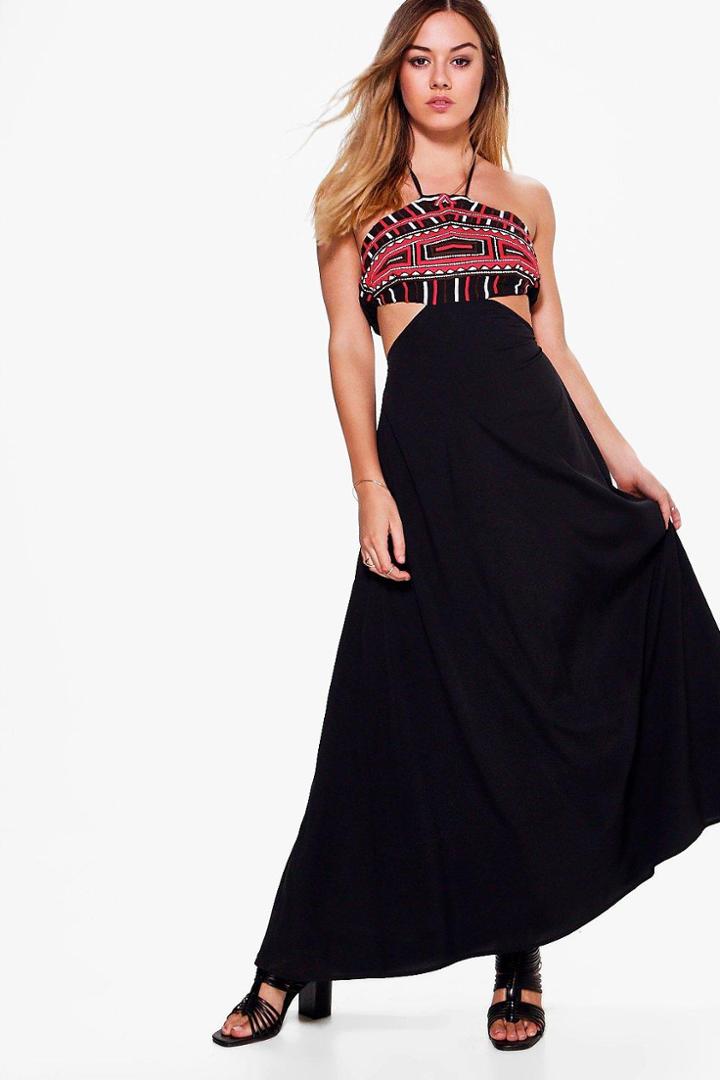 Boohoo Petite Yasmine Embroidered Cut Out Maxi Dress Black