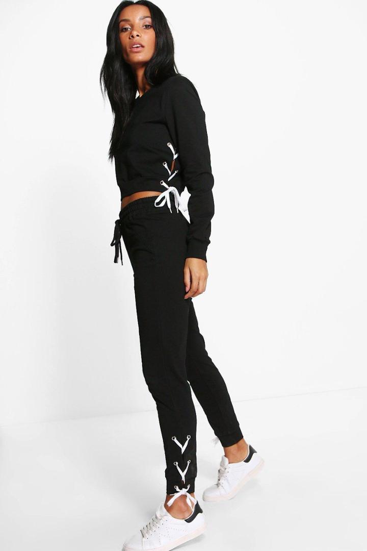 Boohoo Aria Lace Up Sweat Jogger Black
