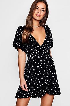 Boohoo Petite Brook Star Wrap Tea Dress