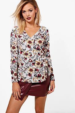 Boohoo Nicole Crepe Printed Long Sleeve Wrap Top