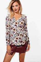 Boohoo Nicole Crepe Printed Long Sleeve Wrap Top