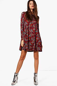 Boohoo Georgia Paisley Print Brushed Knit Swing Dress