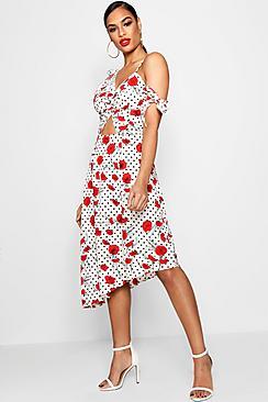 Boohoo Kelly Floral And Polka Dot Midi Skater Dress