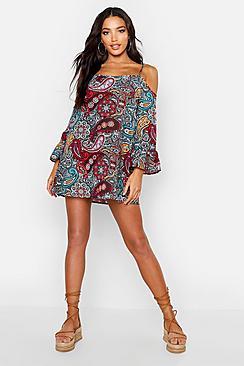 Boohoo Globetrotter Paisley Cold Shoulder Beach Dress