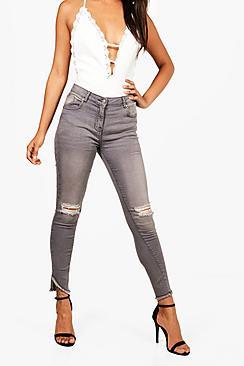 Boohoo Bex Grey Distressed Fray Hem Jeans