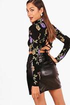 Boohoo Charlotte Oriental Long Sleeve Lace Up Back Crop