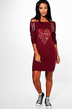 Boohoo Evie Sequin Heart Bardot Jumper Dress