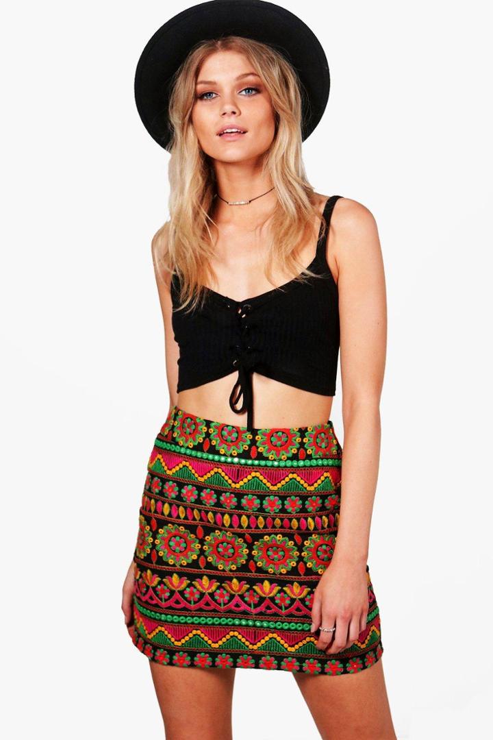 Boohoo Petite Anna Embroidered A-line Mini Skirt Black