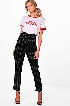 Boohoo Petite Gigi Pinstripe Paperbag Tapered Trouser