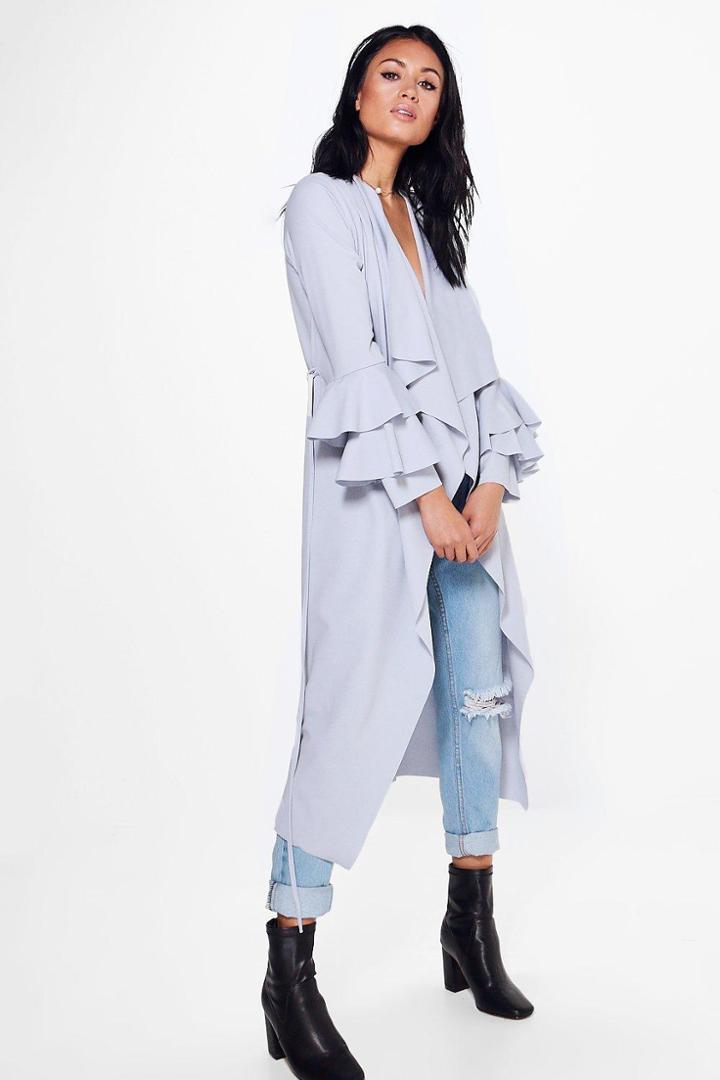 Boohoo Katie Ruffle Sleeve Belted Duster Dove