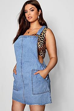 Boohoo Plus Hayley Stripe Pinafore Denim Dress