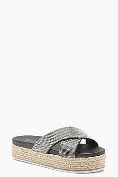 Boohoo Cross Strap Diamante Espadrille Flatforms
