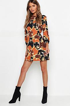 Boohoo Tiger Chain Printed High Neck Blouson Shift Dress