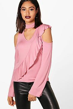 Boohoo Cold Shoulder Ruffle Sleeve Choker Top