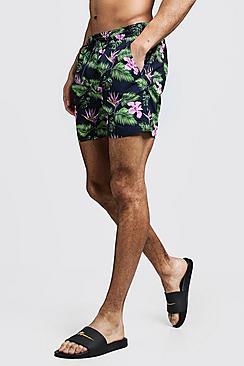 Boohoo Mid Length Hawaiian Print Swim Shorts