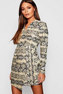 Boohoo Snake Suedette Wrap Tie Dress