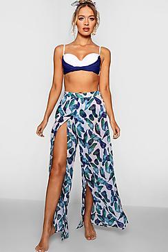 Boohoo Tropical Leaf Split Leg Beach Trouser