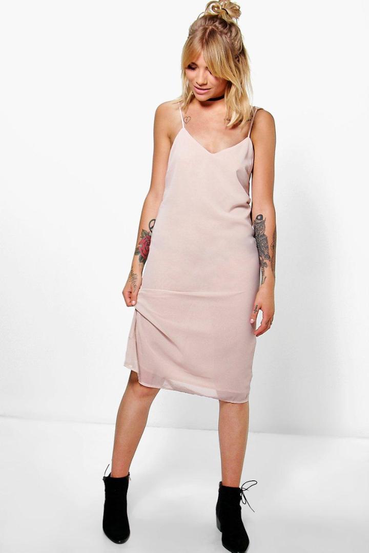 Boohoo Hallie Cami Double Strap Midi Dress Nude