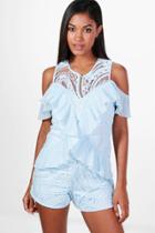 Boohoo Boutique Molly Ruffle Embroidered Playsuit Blue