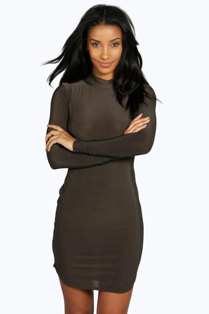 Boohoo Sabrine High Neck Curved Hem Bodycon Dress Khaki