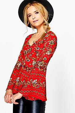 Boohoo Karla Flare Sleeve Floral Blouse