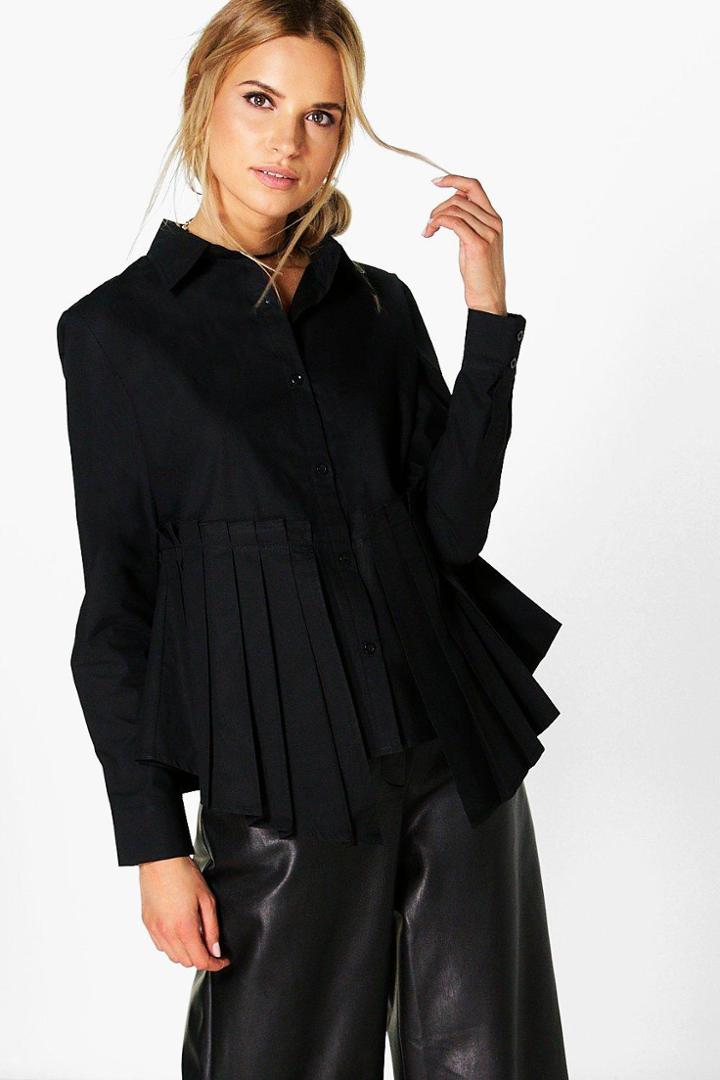Boohoo Ava Pleated Peplum Long Sleeve Shirt Black